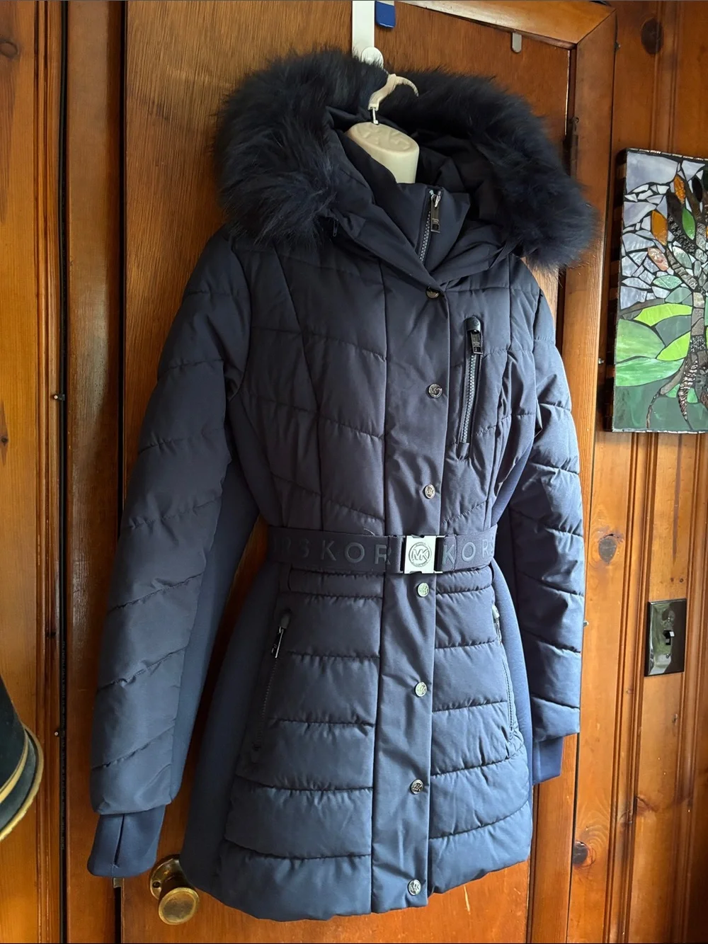 Michael Kors Navy Quilted Hooded Puffer Coat with Fur Trim size L preowned